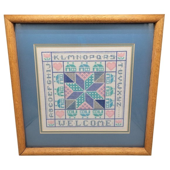 Welcome Sampler Cross Stitch Blue Pink Quilt Pattern Wood Framed - Picture 1 of 4